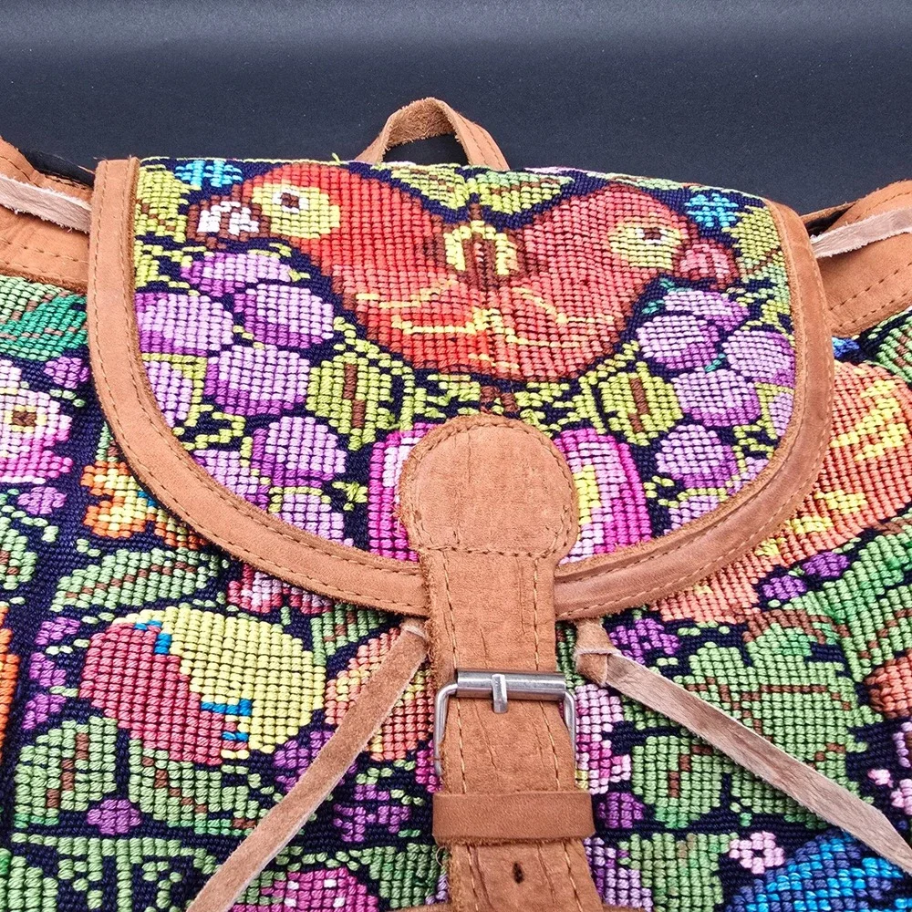 Guatemalan Huipil Hand Woven Bird Tapestry Floral Boho Bag Backpack Leather